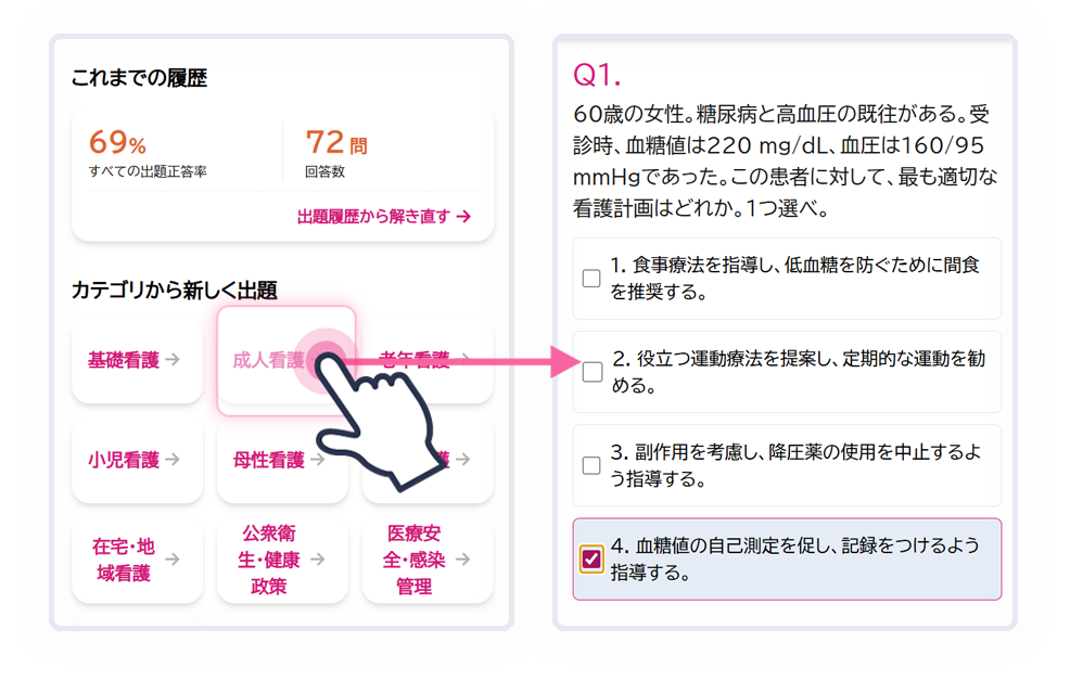 出題カテゴリーを選んでAIが国試予想問題を出題